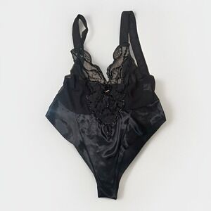 Vintage 80s Mara Black Sheer Satin Beaded Teddy High Cut L Sequin Lingerie